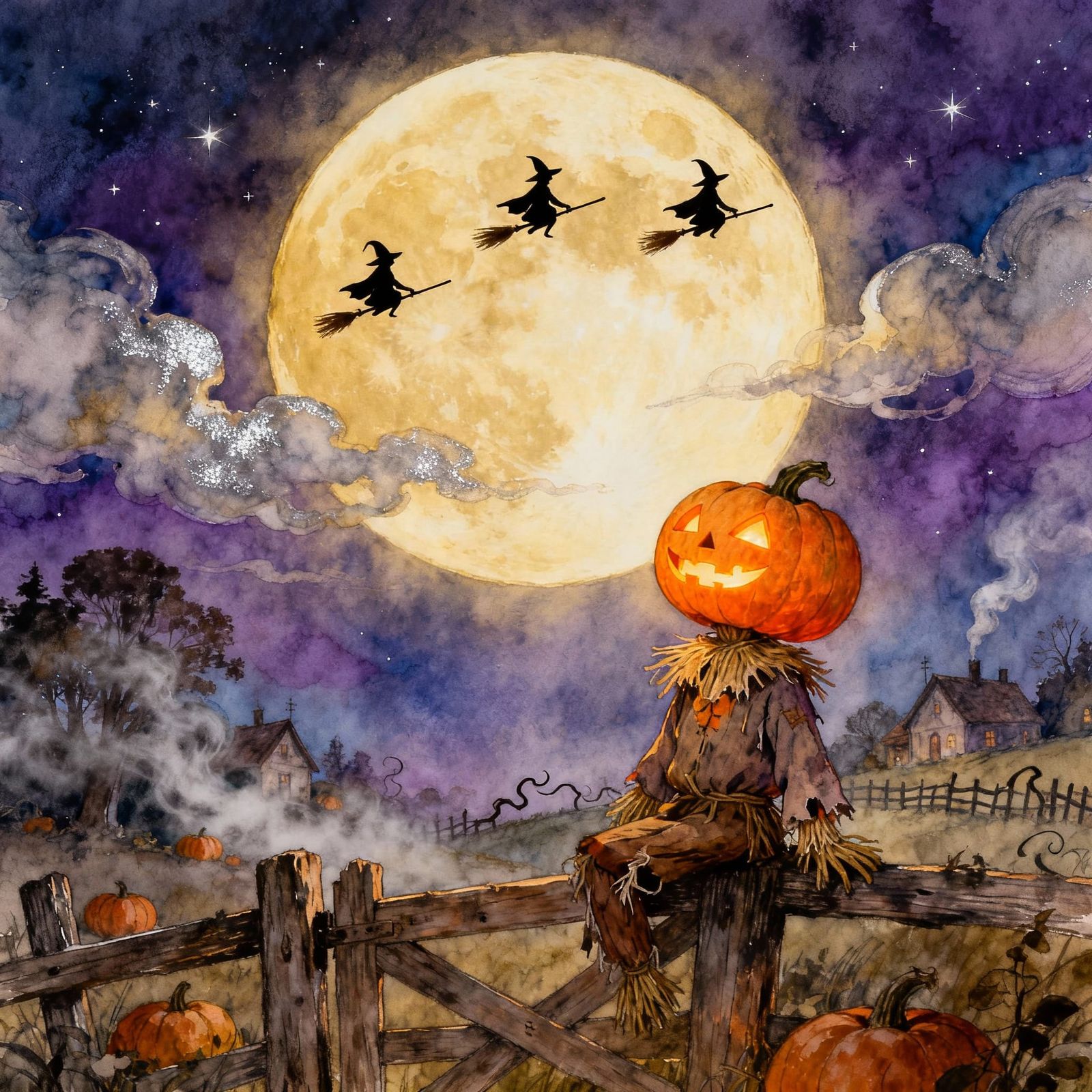 Storybook Halloween Night With Glowing Scarecrow and Witches
