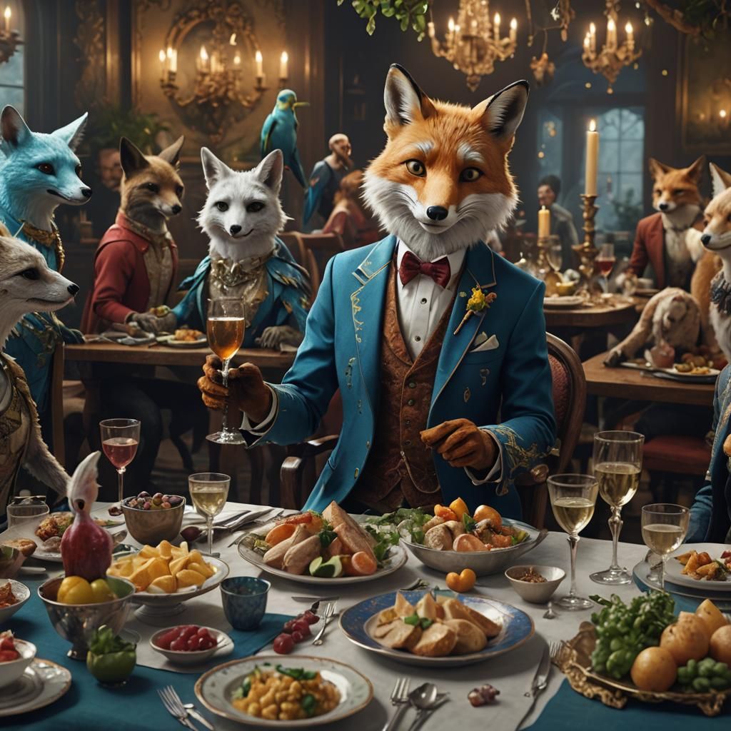 Fox at Dinner Party: Detailed Matte Painting