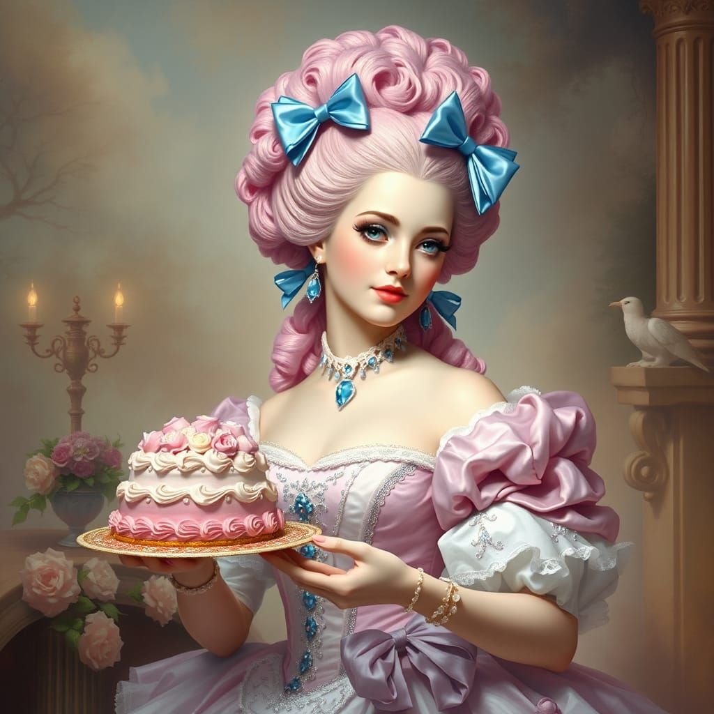 Marie Antoinette with Pink Updo Holding Cake