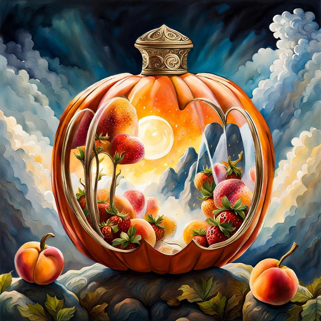 A Pumpkin bottle with peaches and strawberries inside