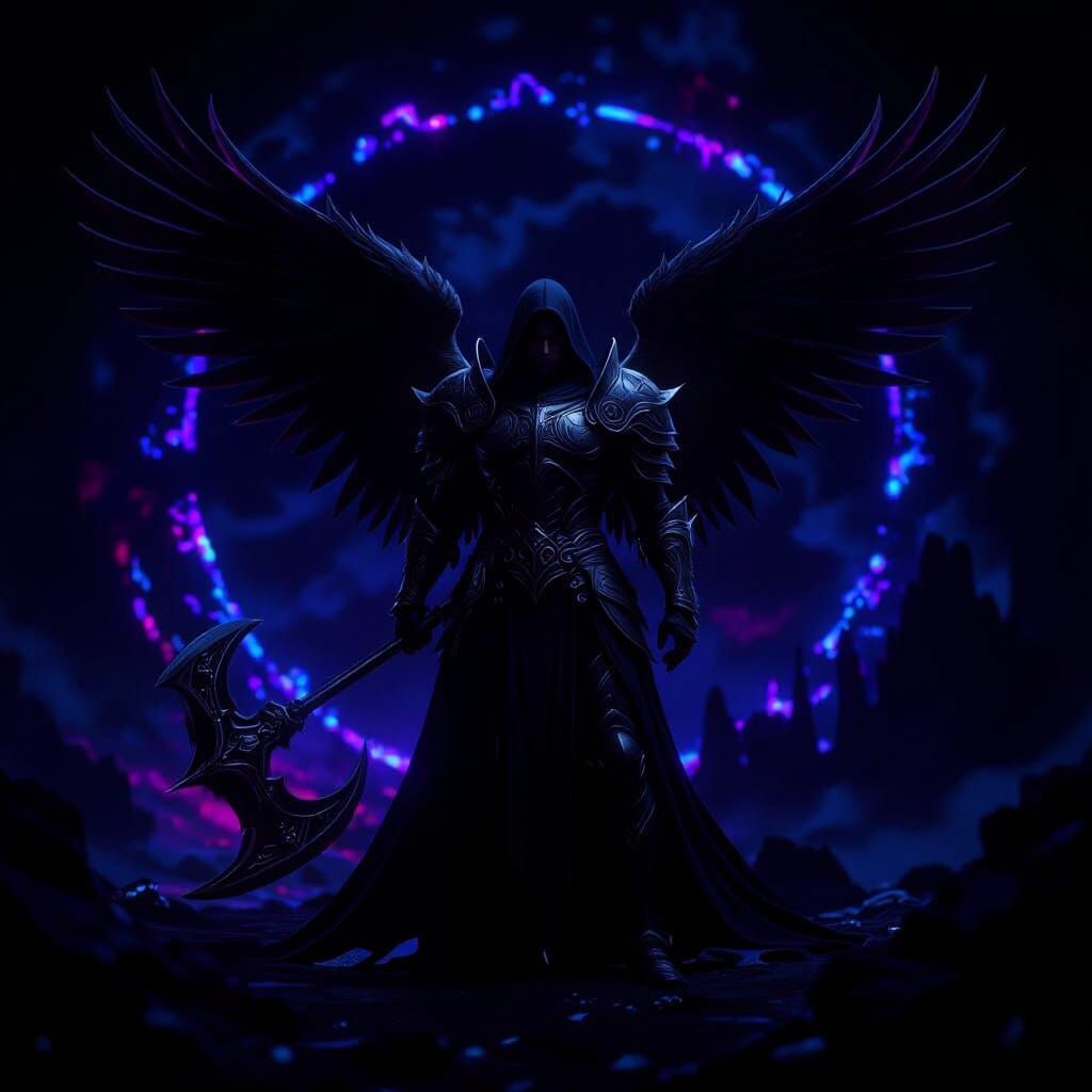 Fallen Angel in Battle-Worn Armor, Fantasy Landscape