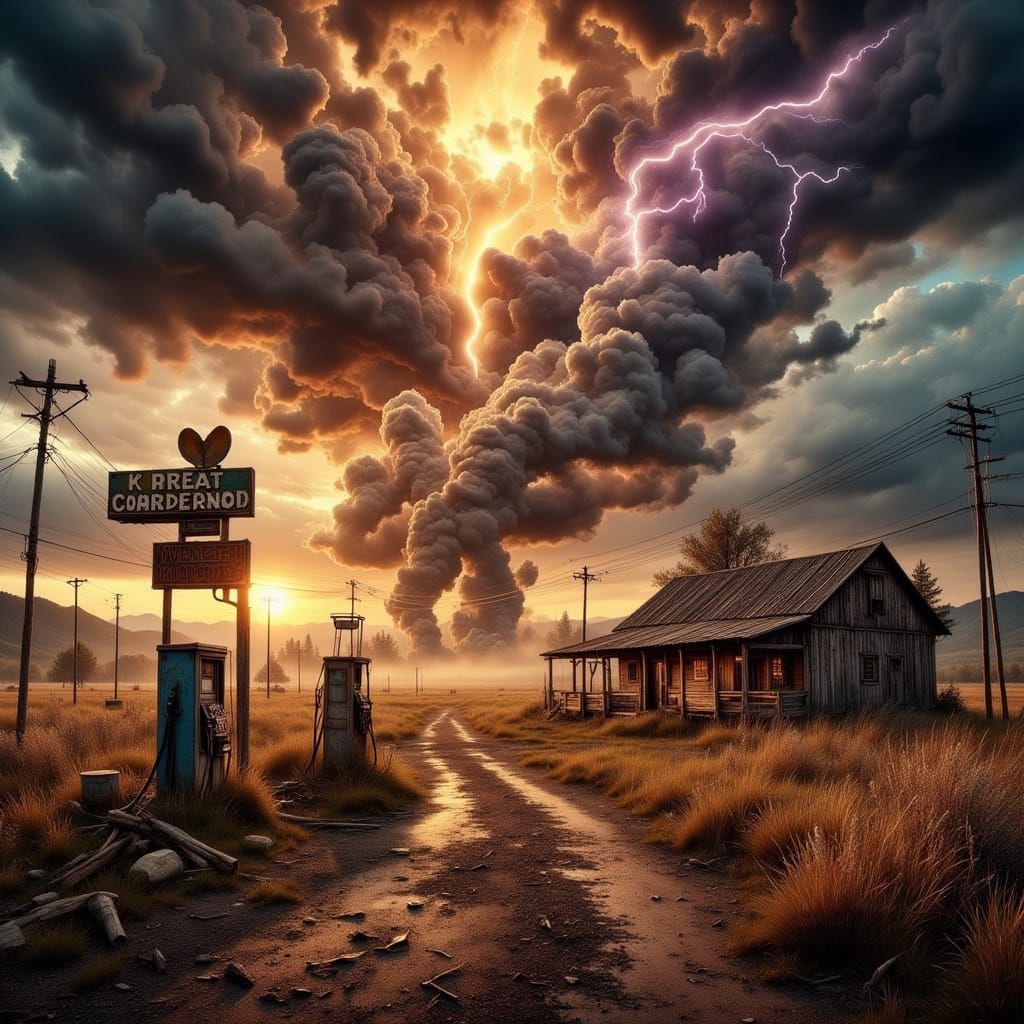 Gas Station Thunderstorm in Hyperreal Digital Art