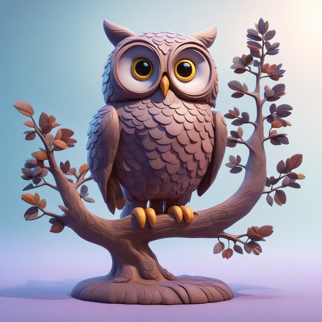 Owl Sculpture in Tree: Pixar-Style 3D Art