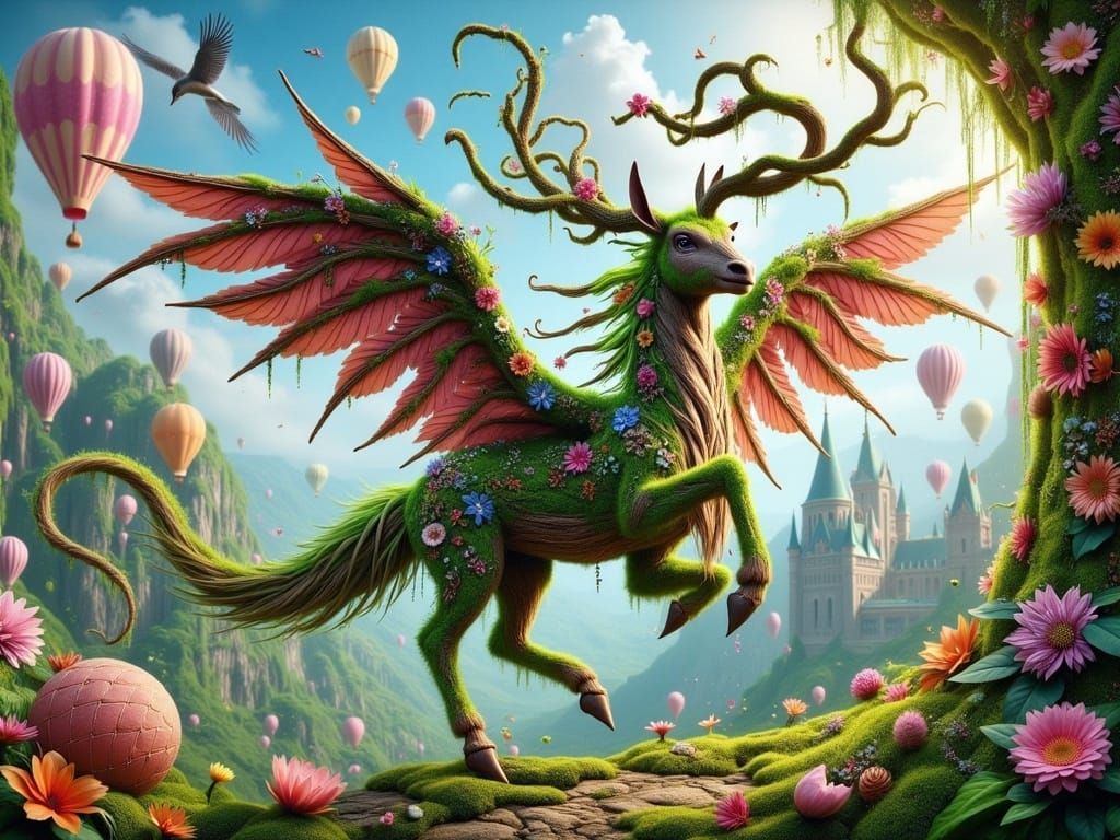 Enchanted Winged Horse Ent Over Fantasy Kingdom