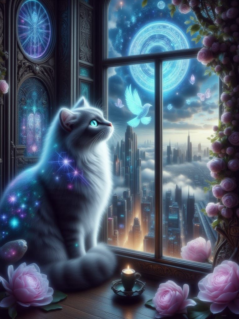 Surreal Cat Gazes at Cityscape Masterpiece Painting