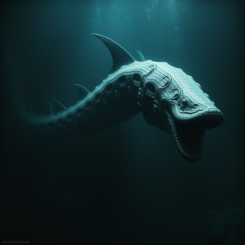 Gigantic Serpentine Entity in Dark Underwater Realm