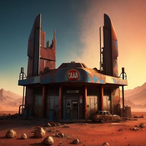Martian Gas Station in Abstract Hyperrealism