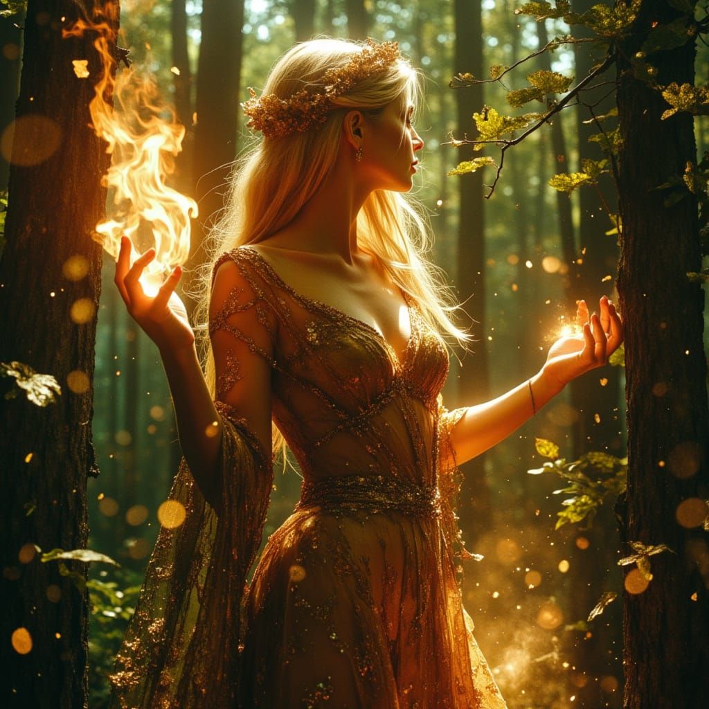 Voluptuous Nymph in Mystical Forest, Art Nouveau Style