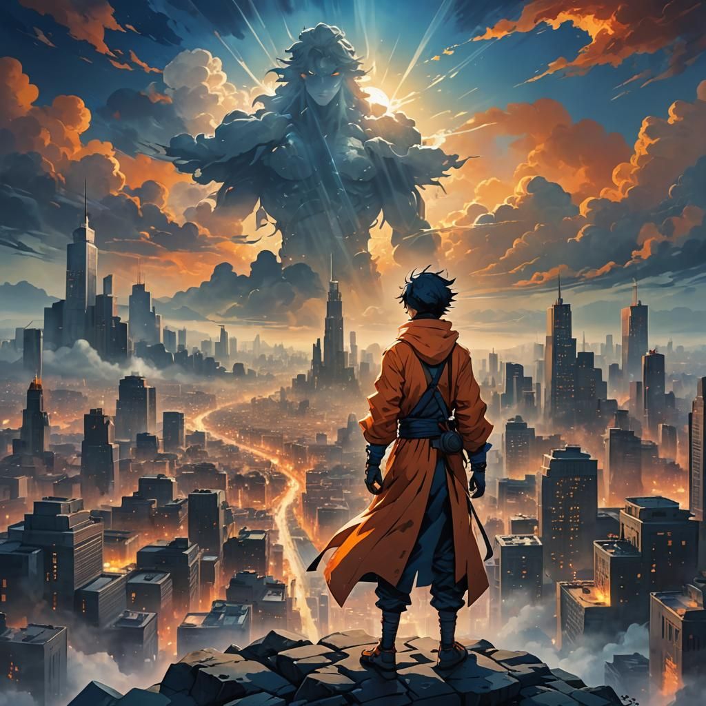 Anime God in Dramatic Cityscape, Cel-Shaded Style
