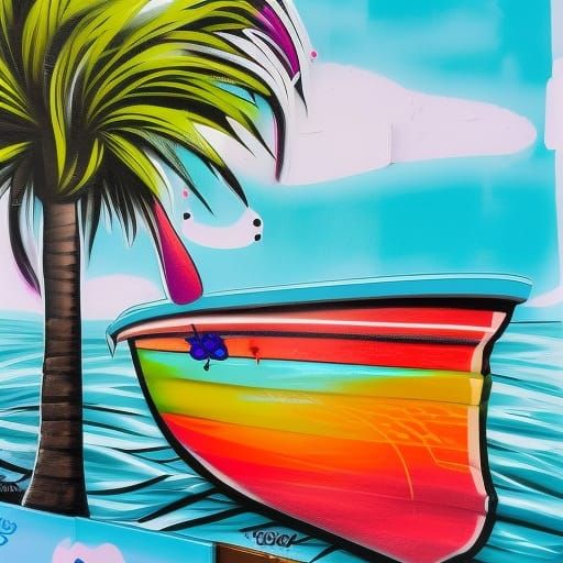 Turquoise Seaside Graffiti Art with Balconies and Boats