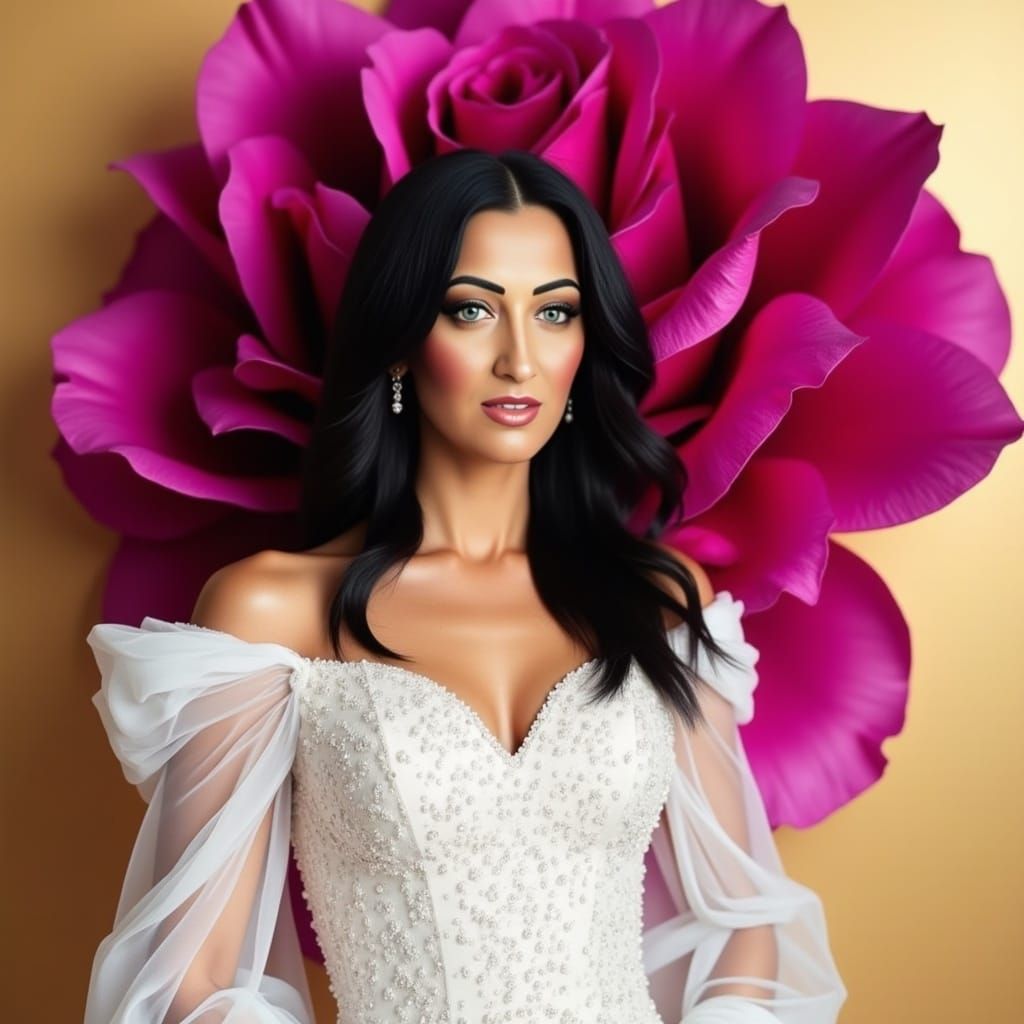 Glamorous Woman with Fuchsia Rose in Ethereal Setting