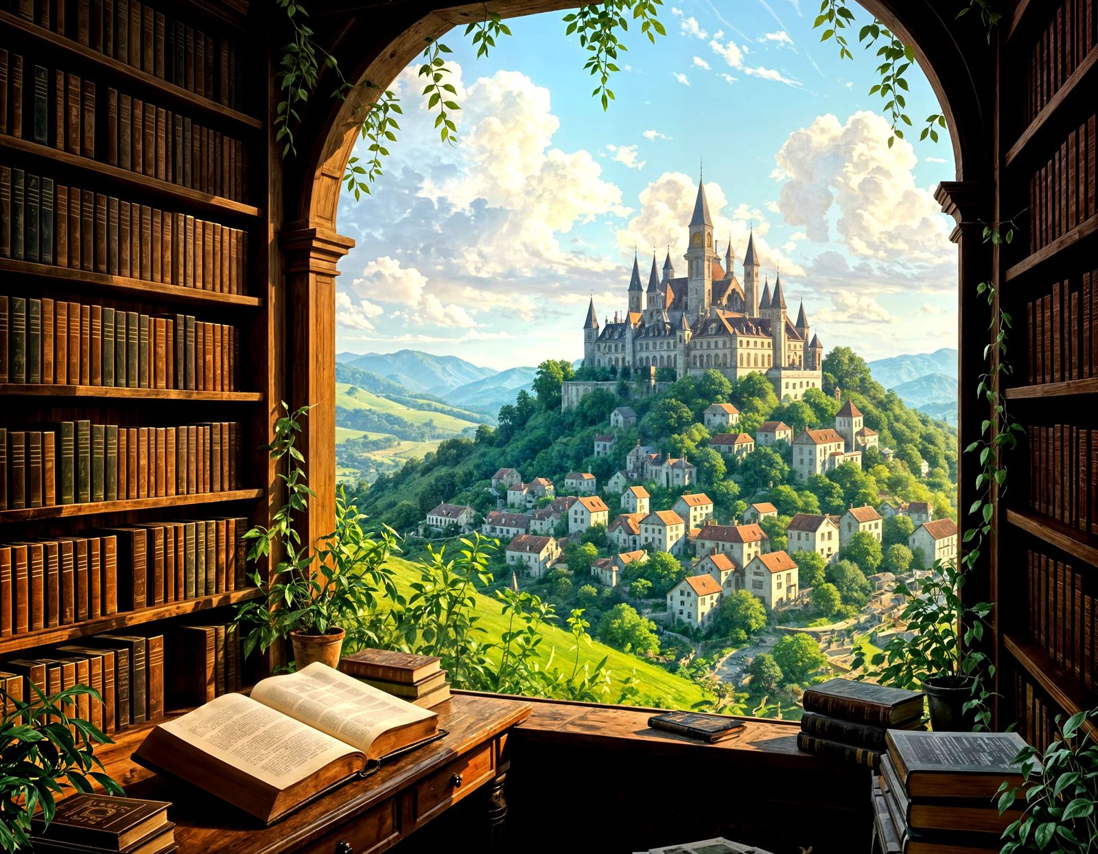 Solarpunk Library Overlooking Village in Impressionistic Sty...