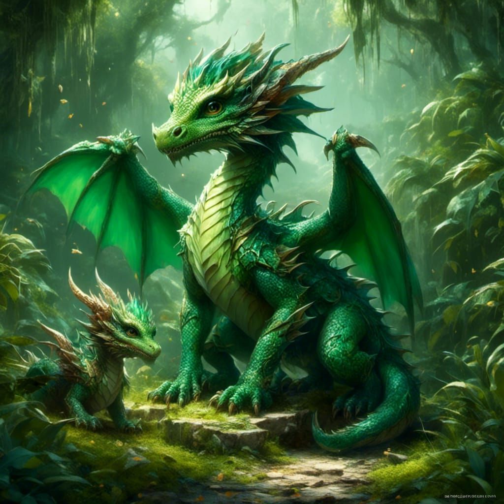 Green Dragon and Babies in Jungle Scene