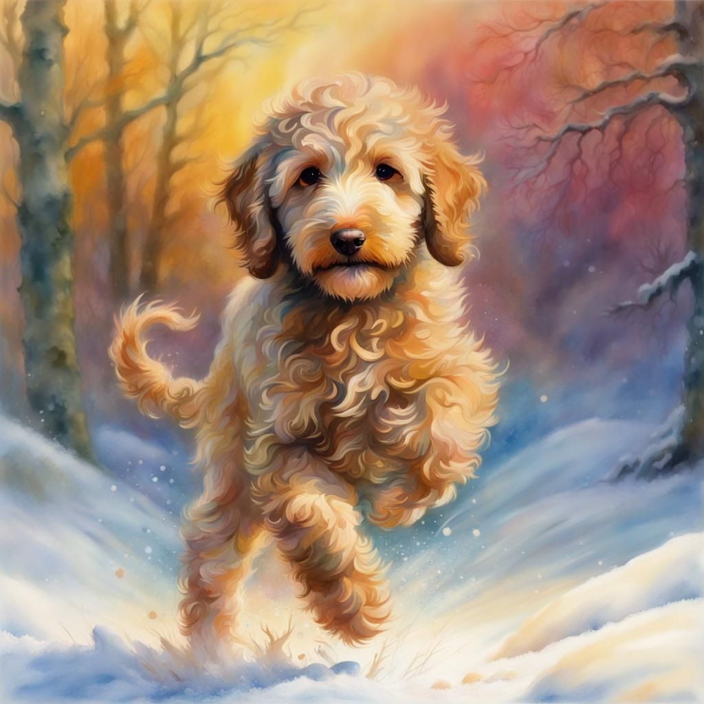 Labradoodle Puppy in Snowy Polychromatic Watercolour