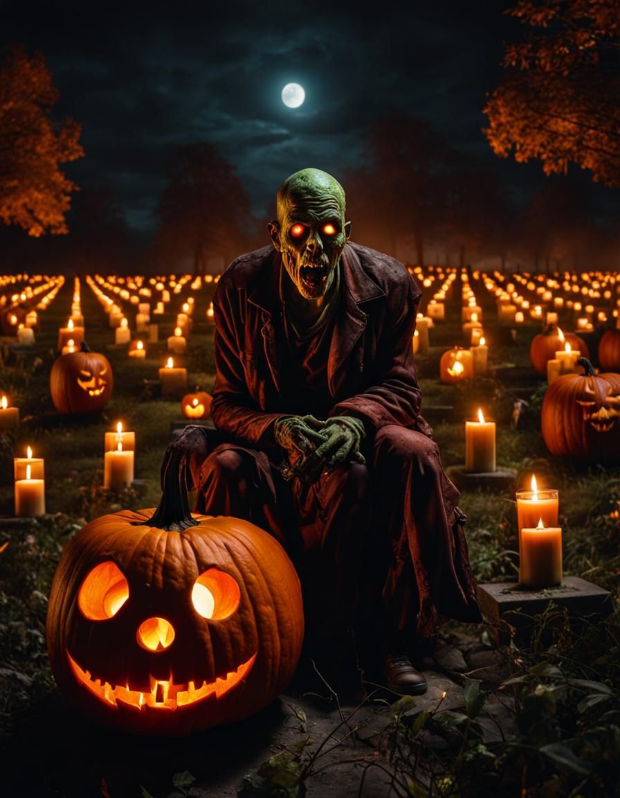Zombie Pumpkin Carving in Cemetery at Night