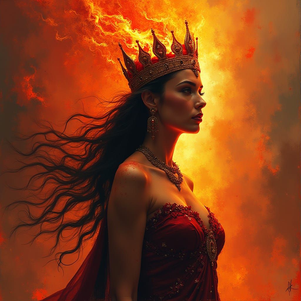 Lava Queen with Flaming Crown, Abstract Fire Painting