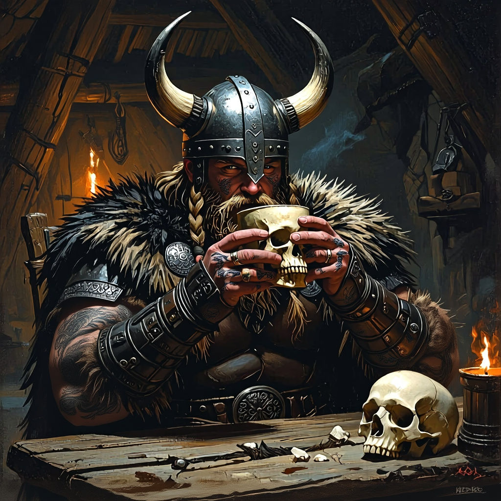 Viking Warrior Drinking From Skull Cup