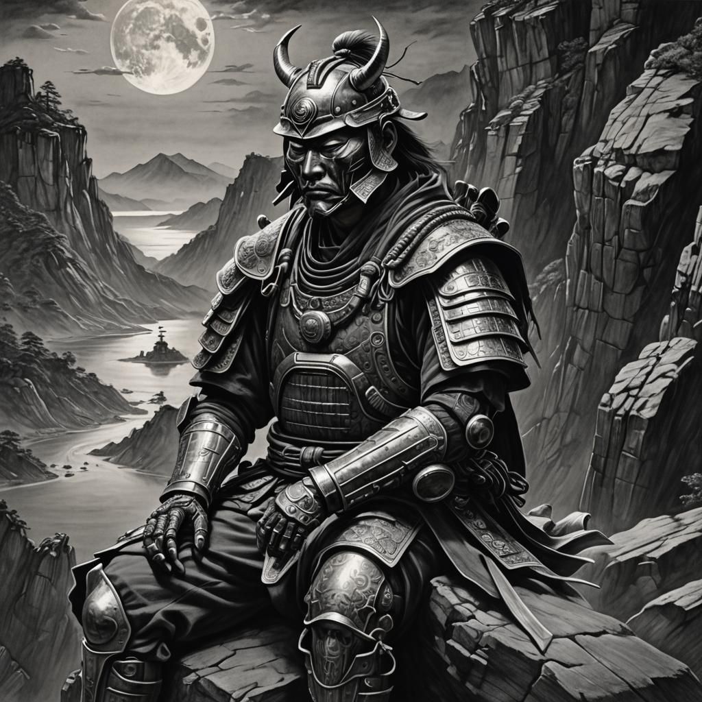 Bionic Samurai Meditating: Charcoal Drawing in Sci-Fi Style