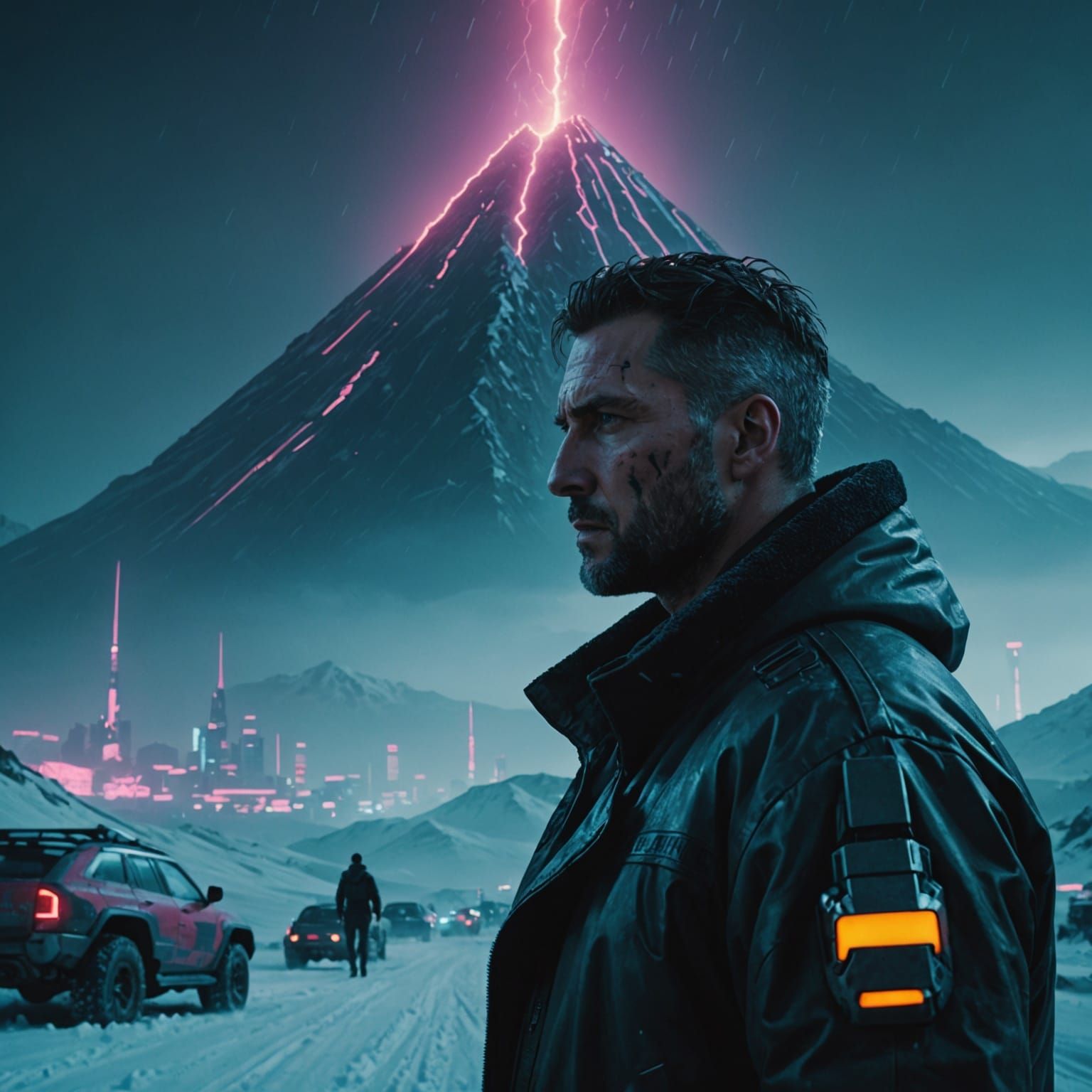 Cyberpunk Mountain Emerges from Human Skull