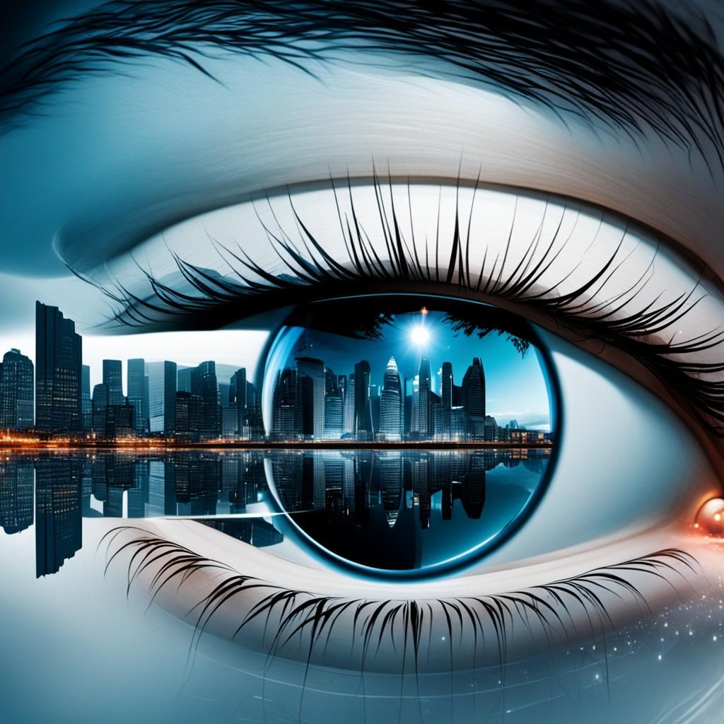 Eye Reflecting a Futuristic Cityscape