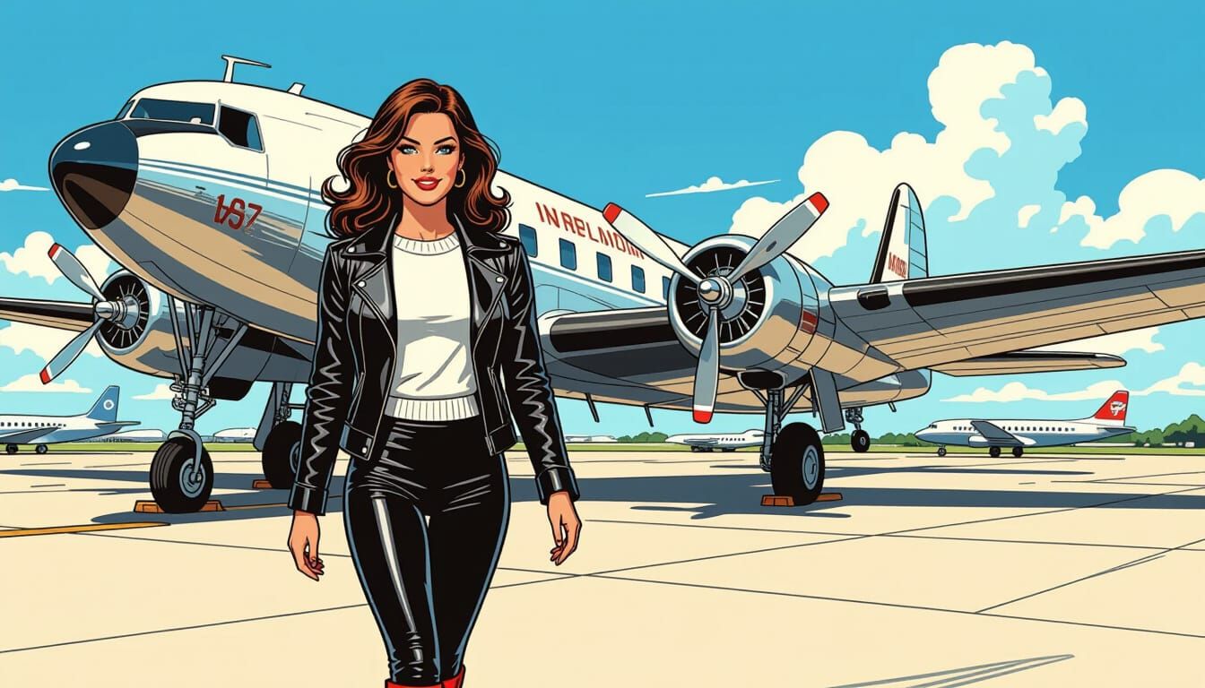 Vintage Pilot Strides Toward Lockheed Airliner in Comic Art ...