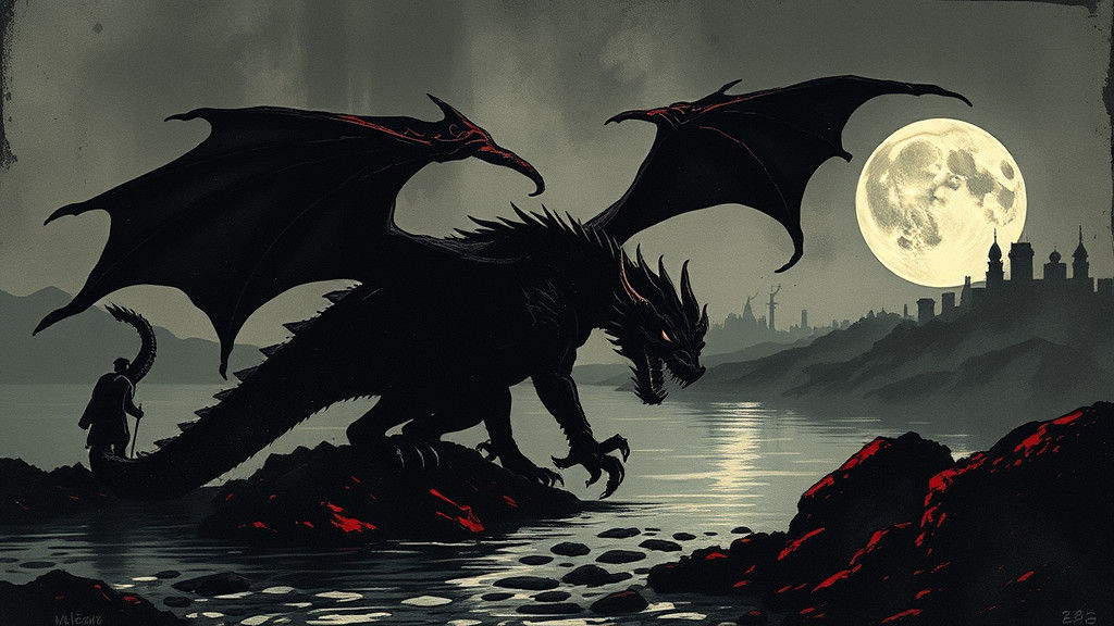 Angry Dragon Silhouette in Steampunk Ink Painting