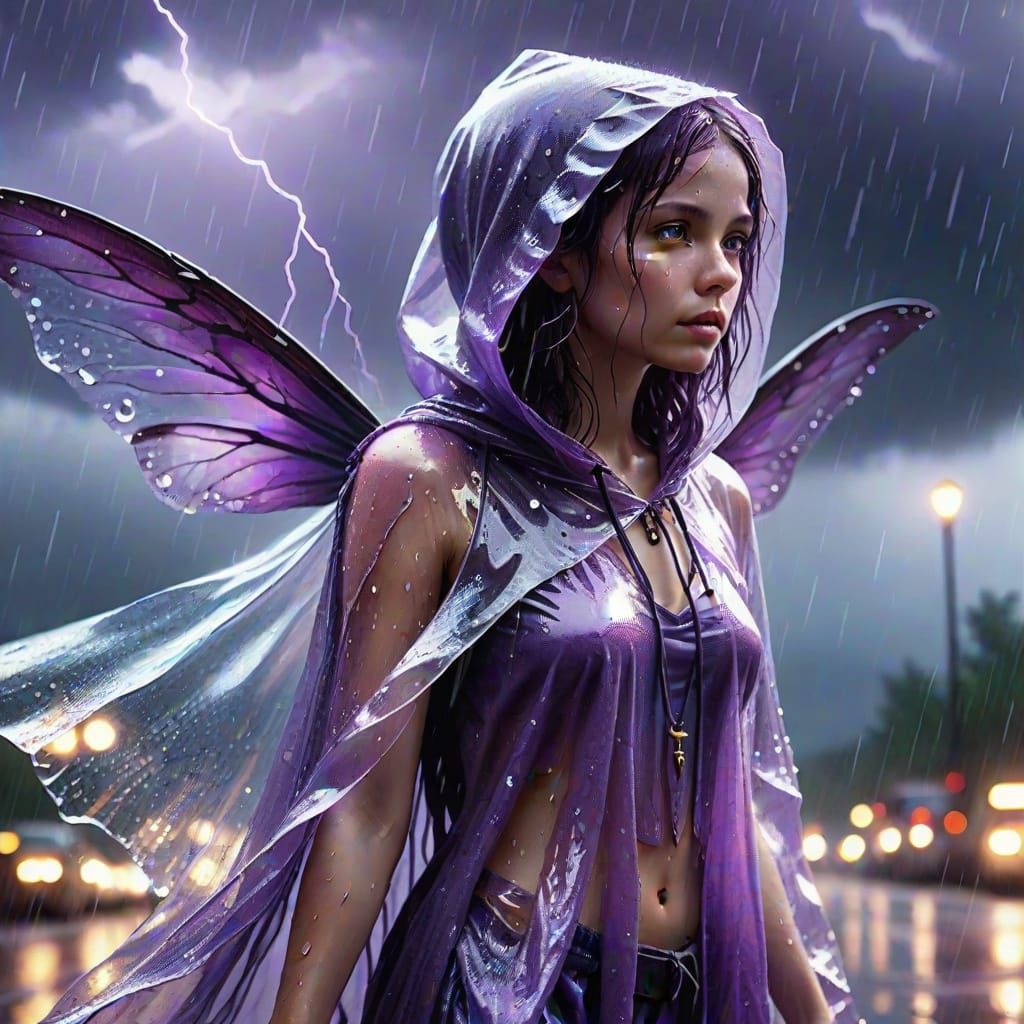 Fairy in Plastic Poncho in Stormy Fantasy Art