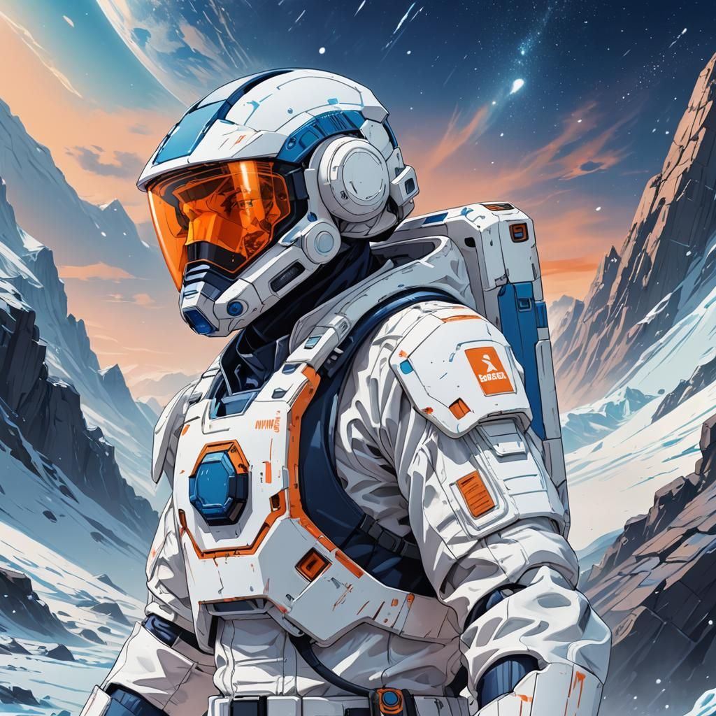 Miner on Icy Planet in Cel-Shaded Anime Style