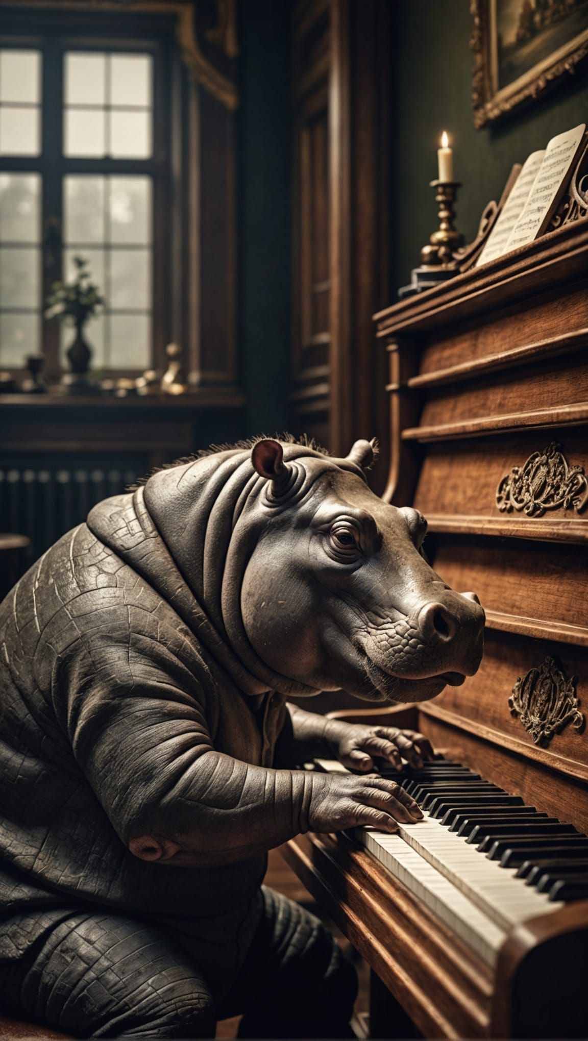 Hyperrealistic Hippo Plays Piano with Sharp Focus
