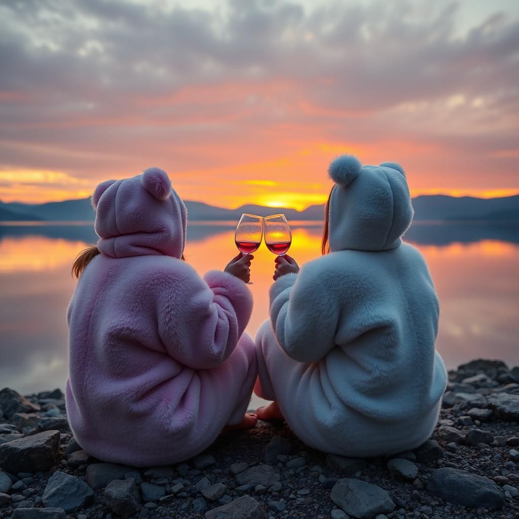Bear Onesies Toasting Sunrise Over Lake