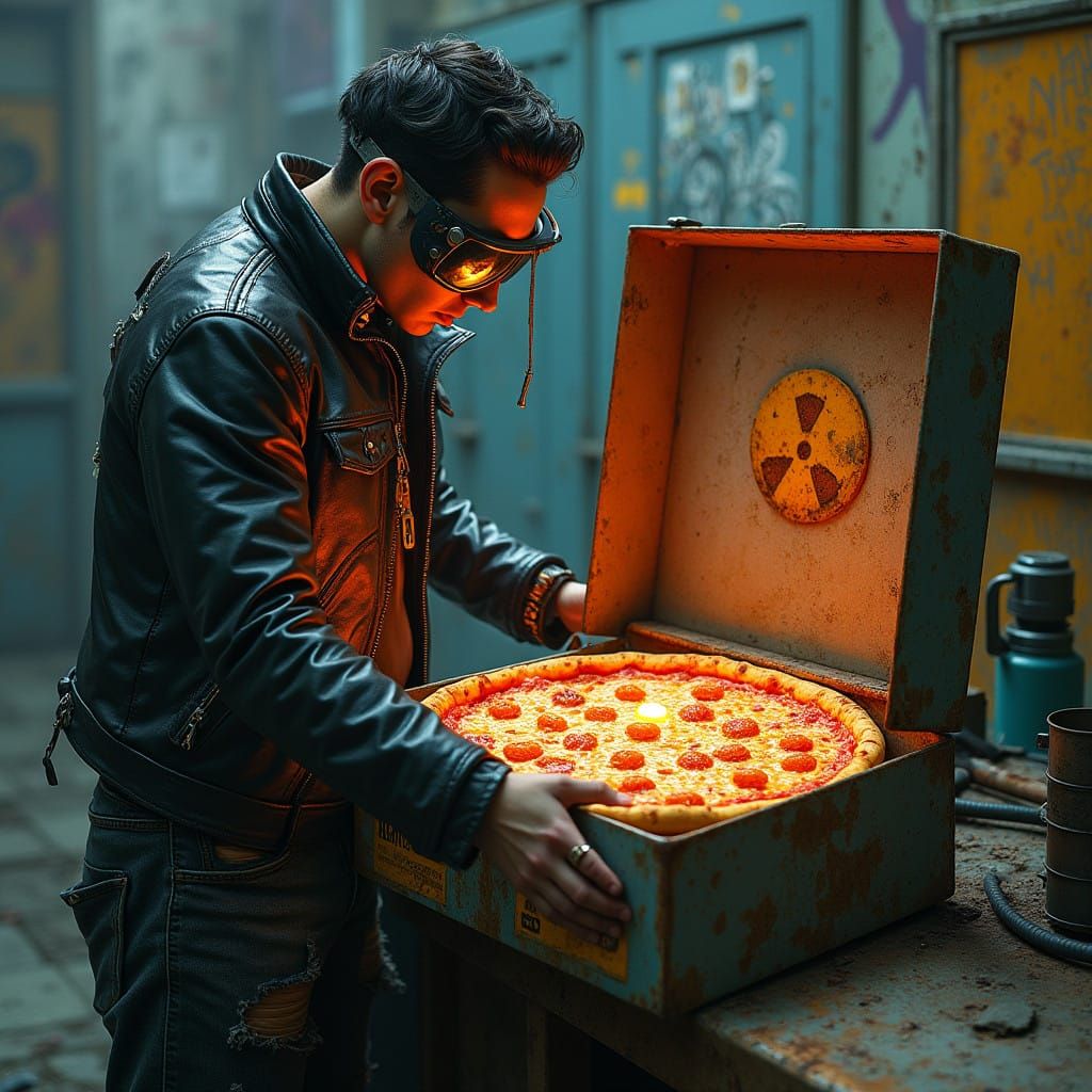 Cyberpunk Warrior Protects Glowing Pizza in Faded Cargo Box