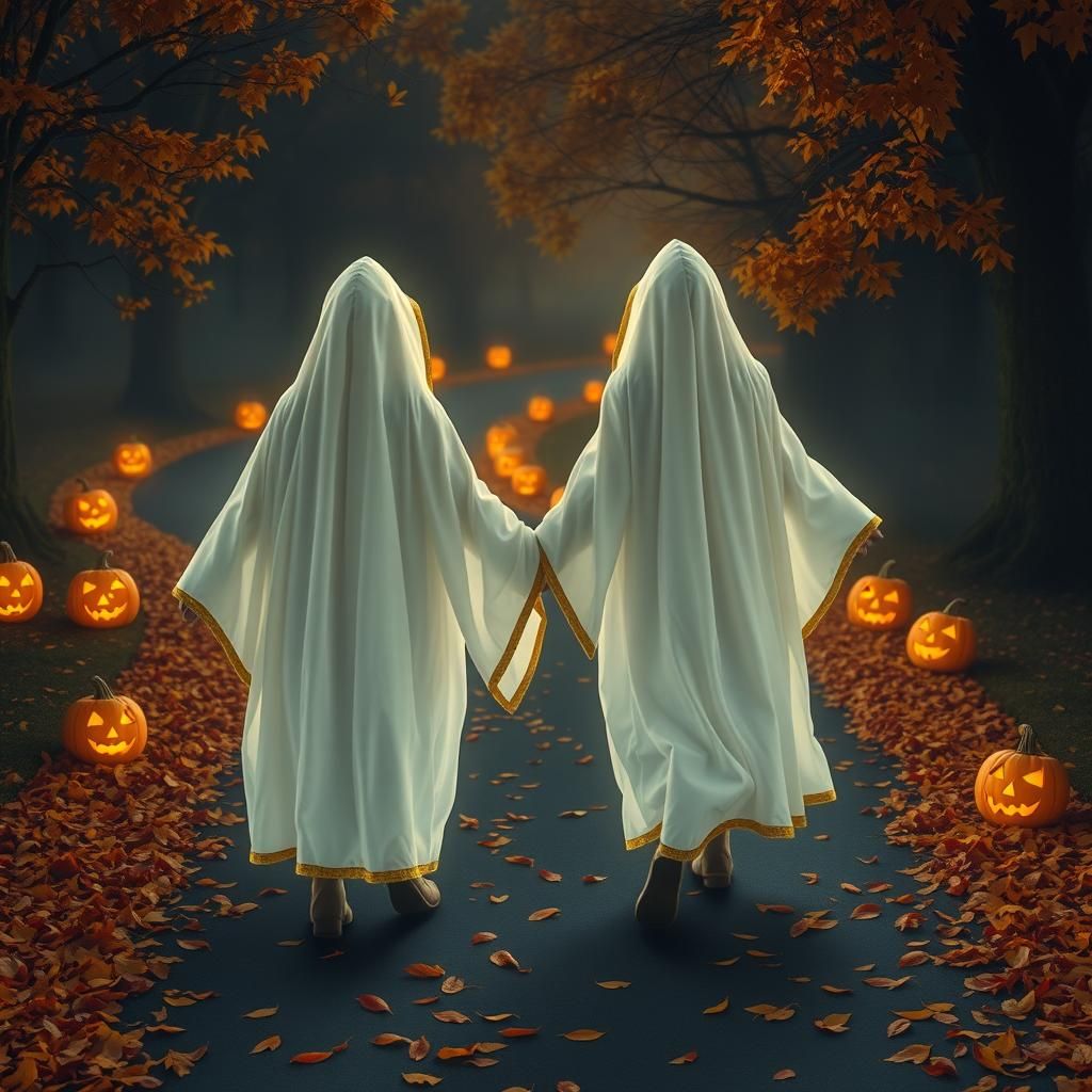 Ghosts Trick-or-Treating on Autumn Road as Digital Art
