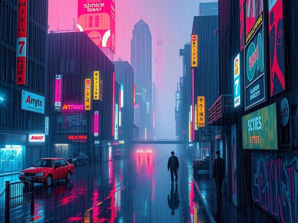 Dystopian Cityscape in Rain, Cyberpunk Style