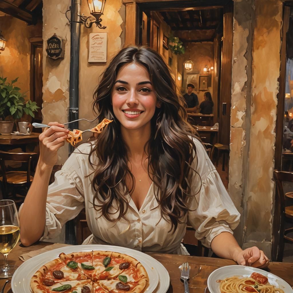 Italian Woman Enjoys Pizza, Alla Prima Oil Painting