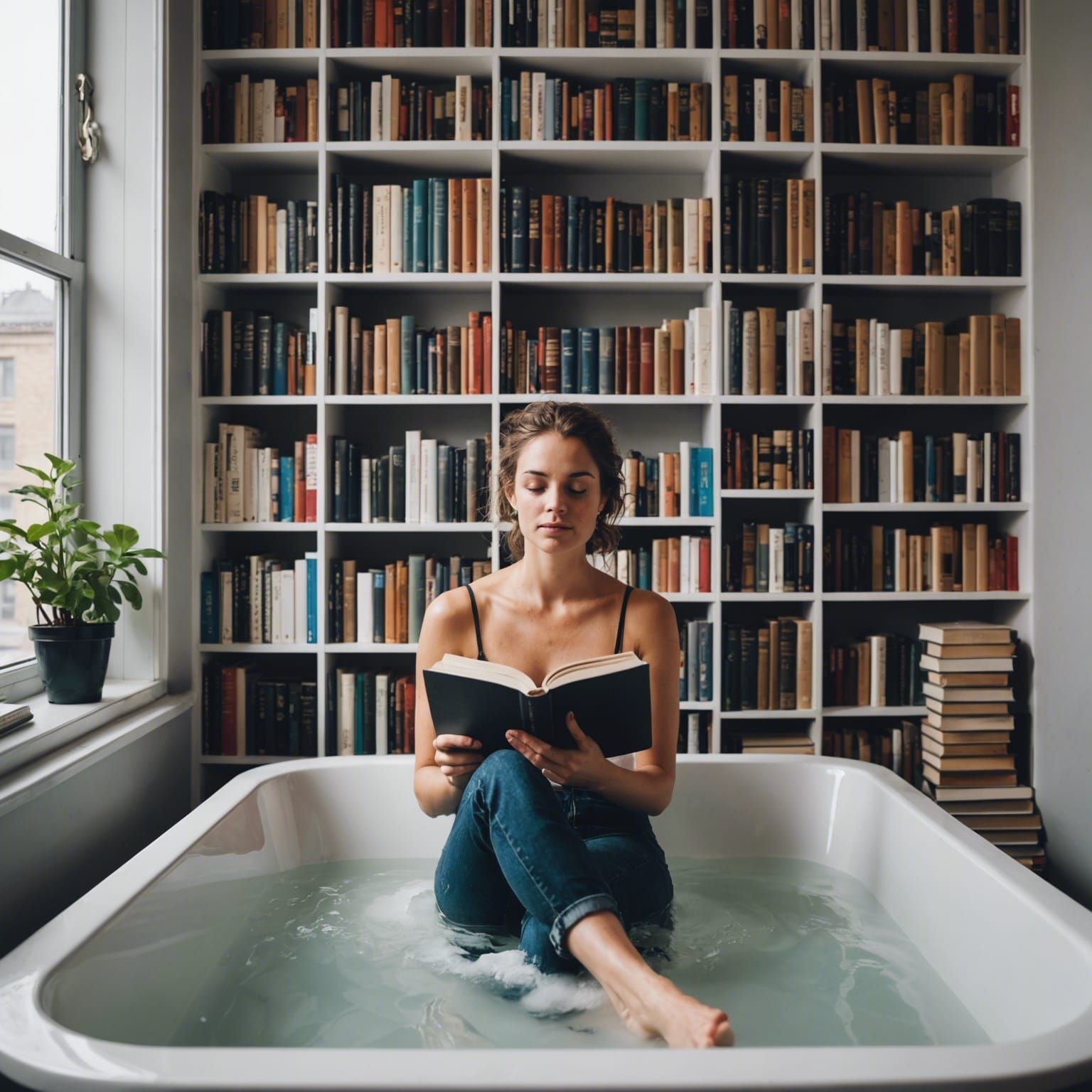 Woman Reading in Bathtub Library