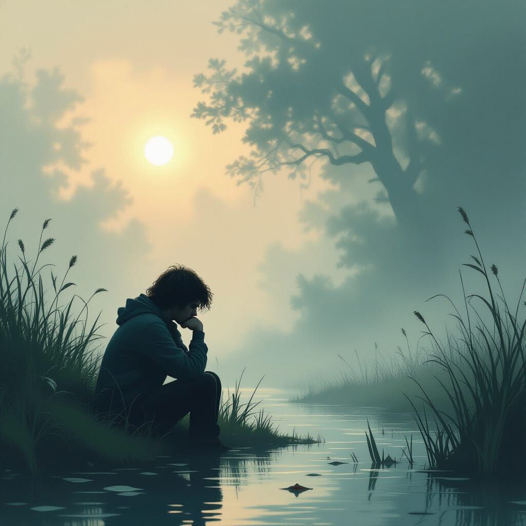 Contemplative Figure Surrounded by Fading Memories