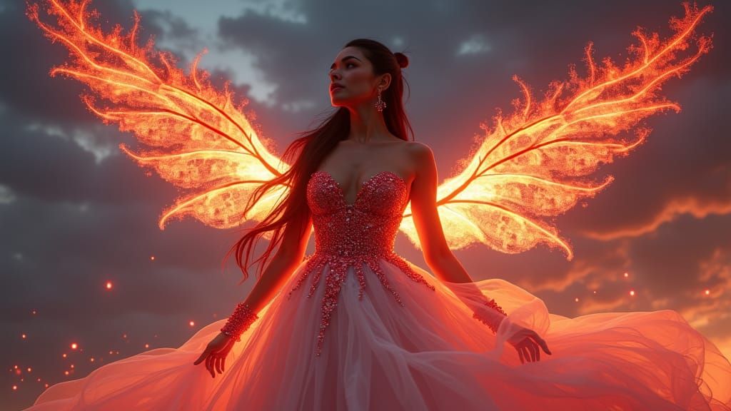 Latina Elf with Fire Wings in Fantasy Style