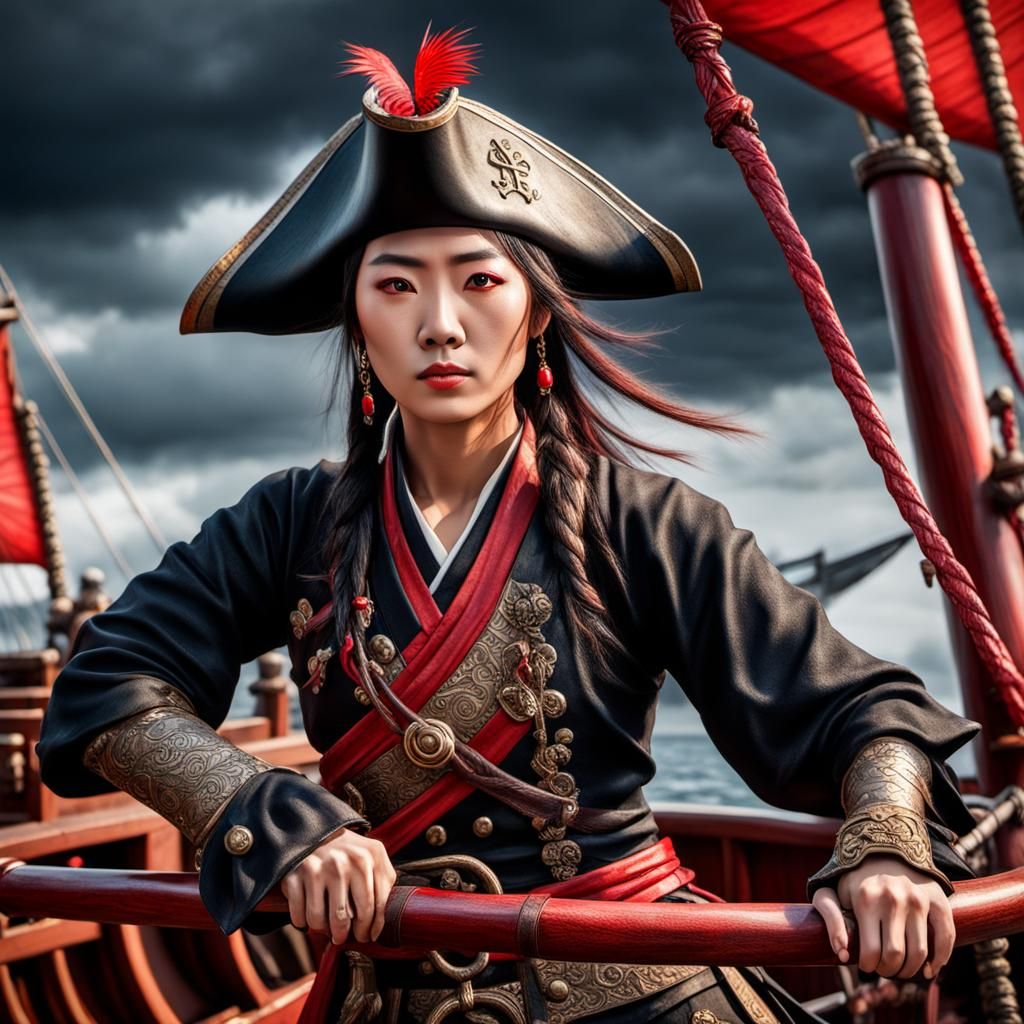 Japanese Pirate on Junk Ship: Hyperrealistic Action