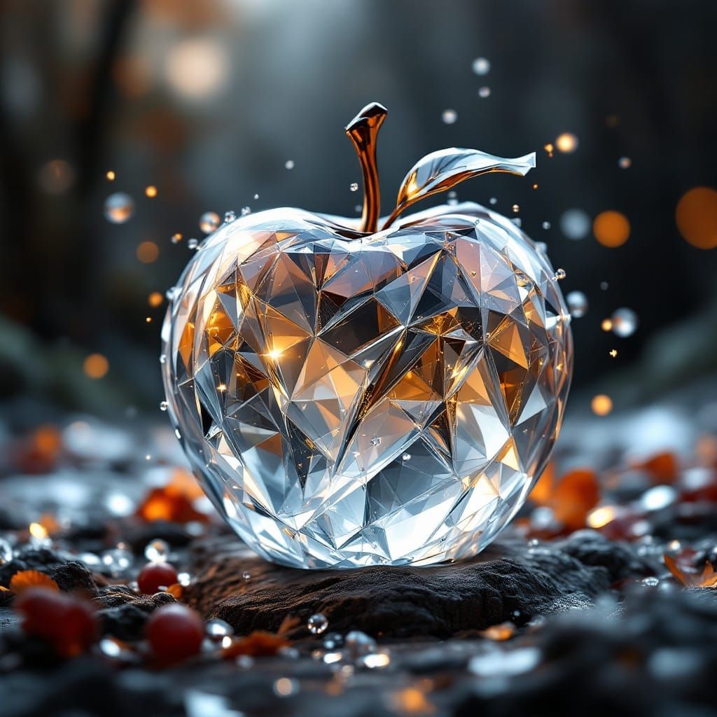 an epic fantasy apple made of crystal glass, deep depth of field, breathtaking intricate details, Meaningful Visual Art,...