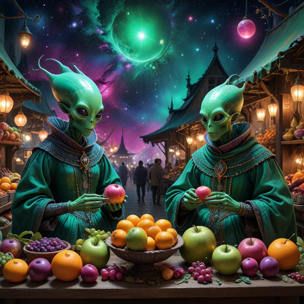 Alien Market with Glowing Fruits, Alien Ink Painting