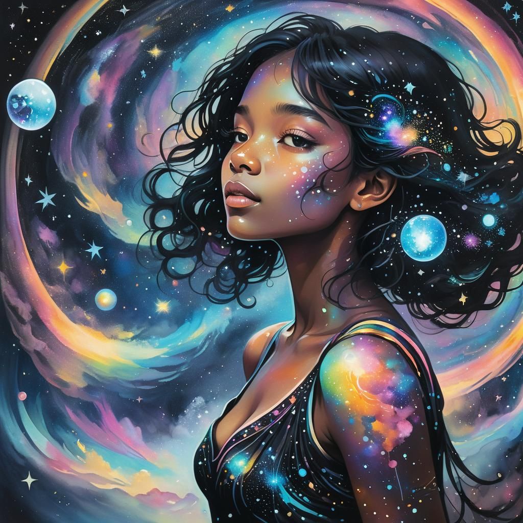 Celestial Girl in Dreamlike Cosmic Scene
