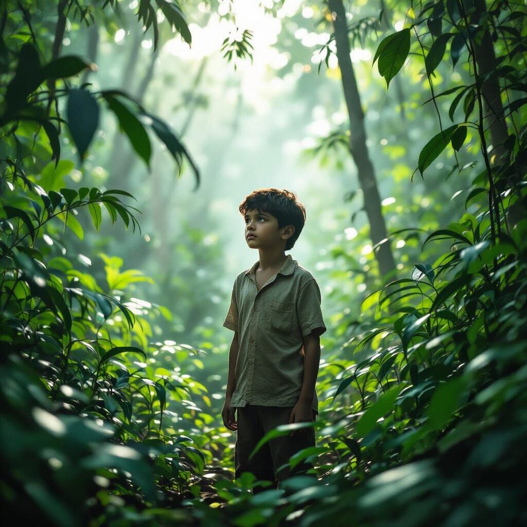 Boy in Jungle, Cinematic Lighting, Film Grain