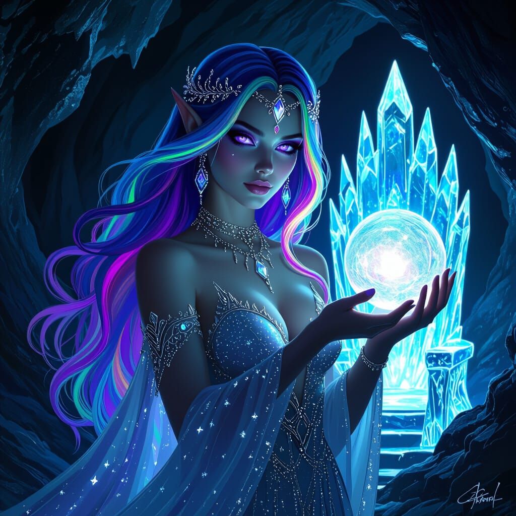 Orc Goddess in Bioluminescent Cave, Dark Fantasy Art