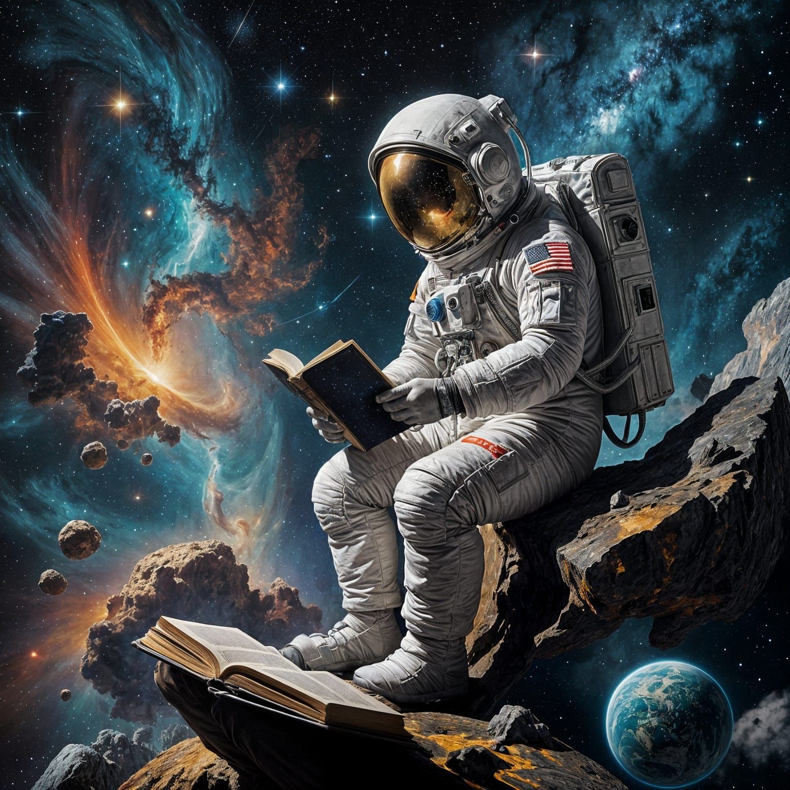 Astronaut Reading in Epic Celestial Oil Painting