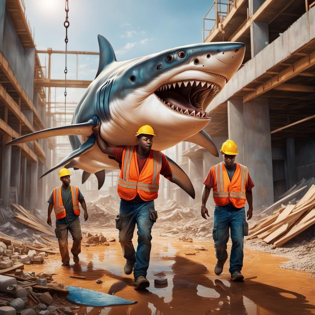 Workers Carry Shark: Hyperrealistic Concept Art