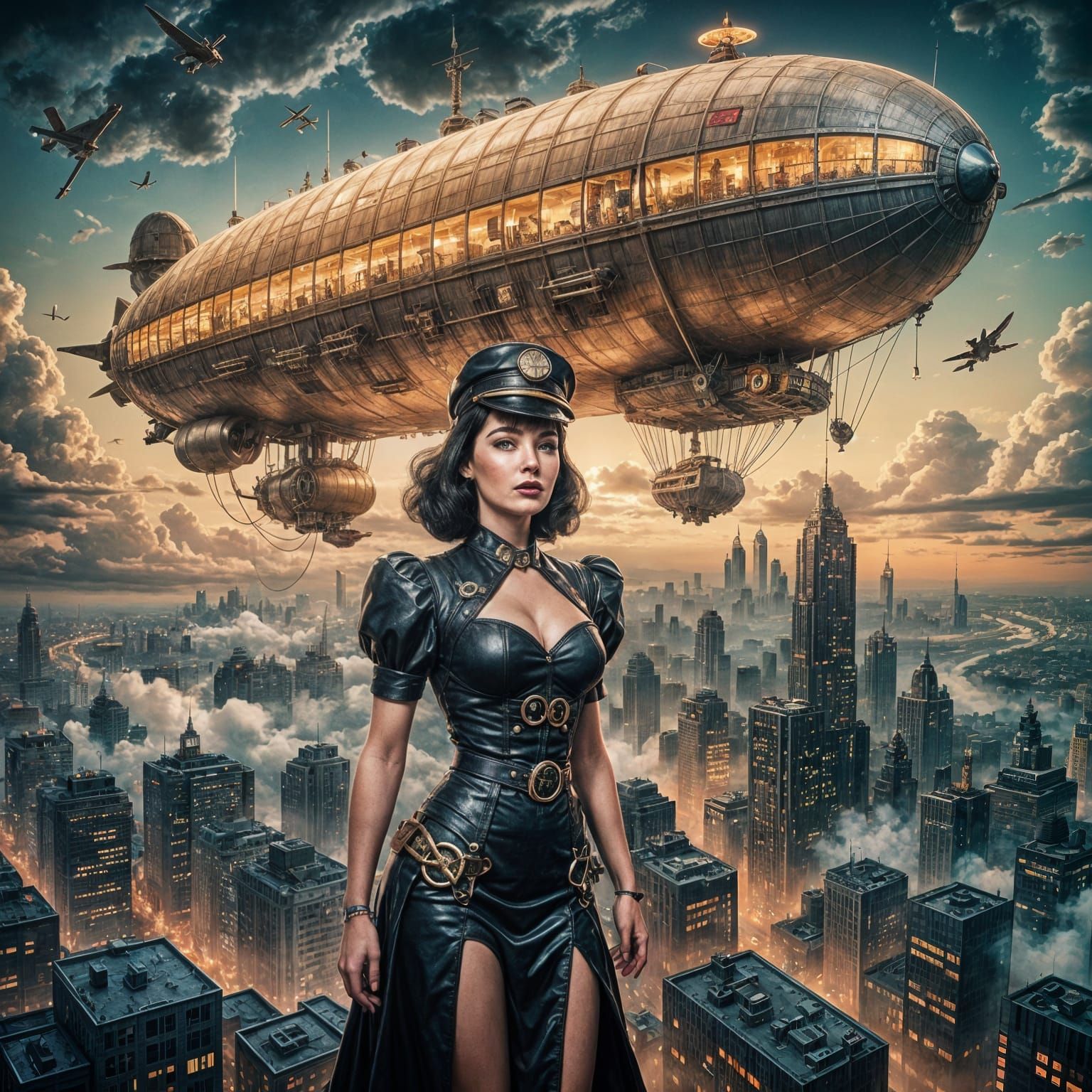 Bettie Page Steampunk Zeppelin Pencil Sketch