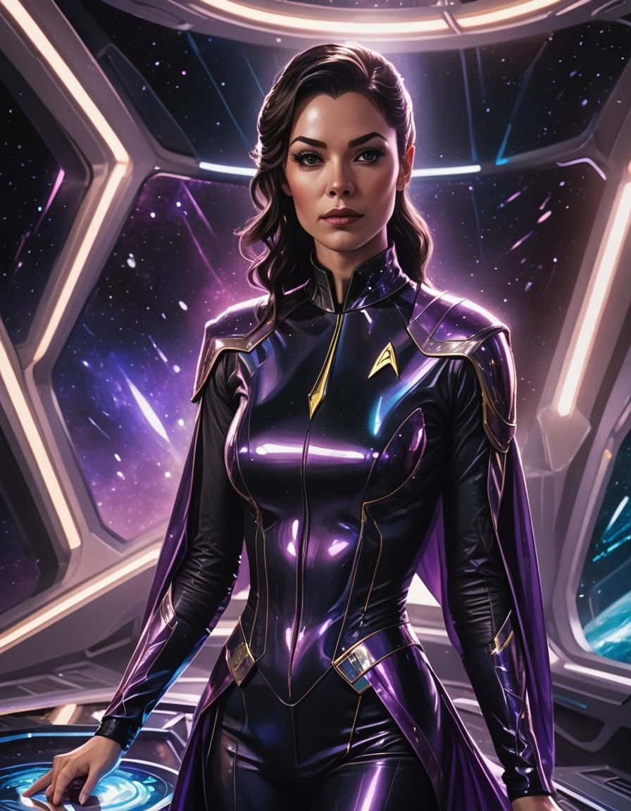 Futuristic Woman in Star Trek Uniform on Starship Bridge