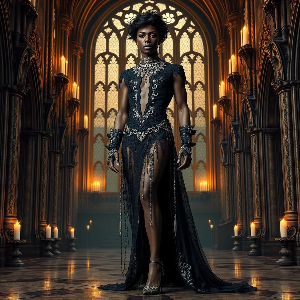 a full-body image of a dark-skinned male gothic drag queen