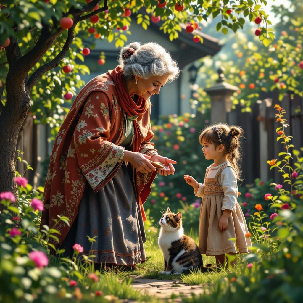 Modern Grandmother Teaches Granddaughter and Cat in Yard