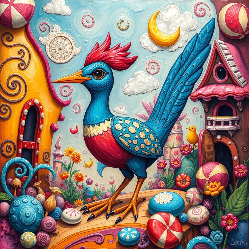 Vibrant Clay Roadrunner in Whimsical Candyland